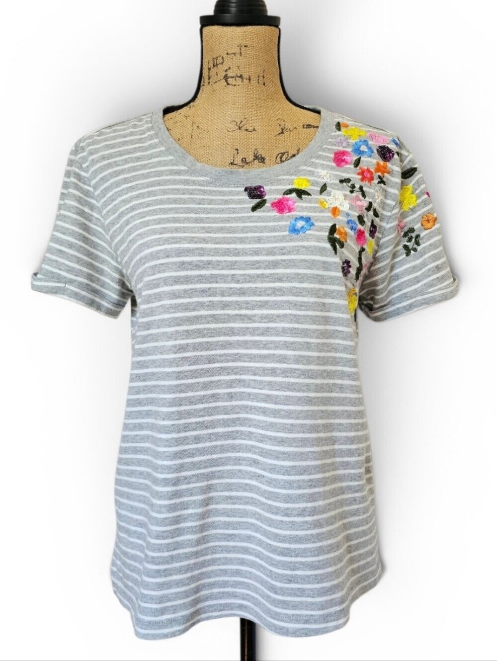Anthropologie Gray & White Striped Tee with Floral Appliqué Short Sleeve, Size S